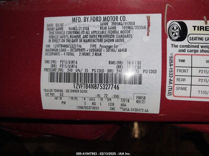 2007 FORD MUSTANG VIN: 1ZVFT84N875327746