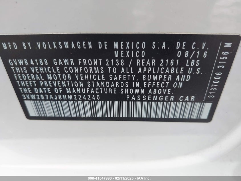 2017 VOLKSWAGEN JETTA VIN: 3VW2B7AJ8HM224240