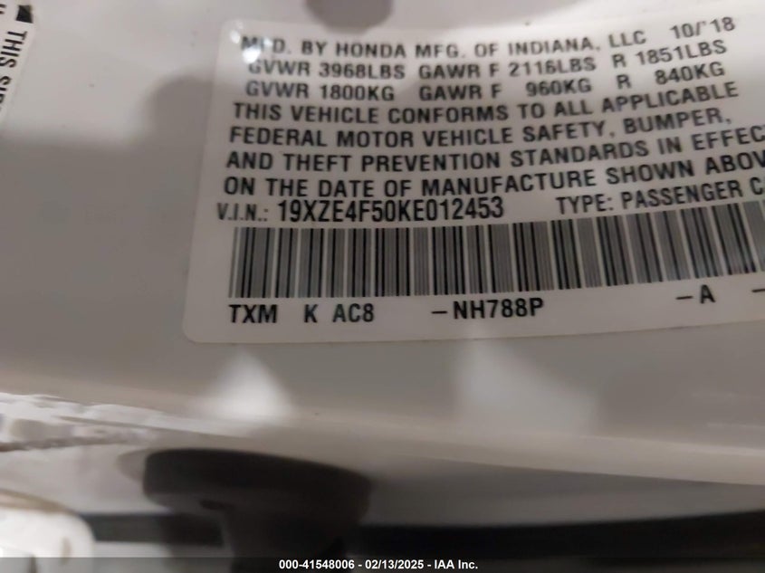 2019 HONDA INSIGHT VIN: 19XZE4F50KE012453