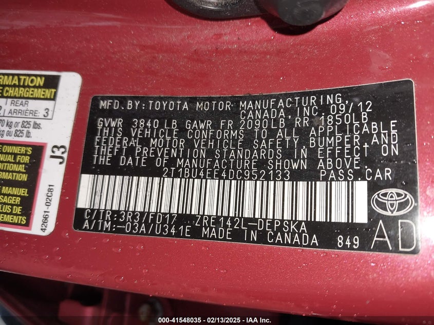 2013 TOYOTA COROLLA S - 2T1BU4EE4DC952133