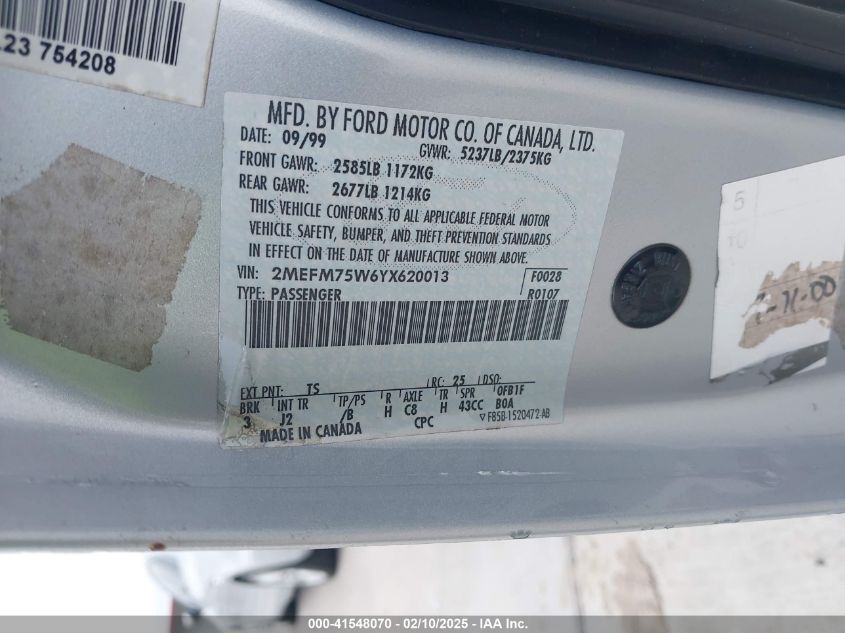 2000 Mercury Grand Marquis Ls VIN: 2MEFM75W6YX620013 Lot: 41548070