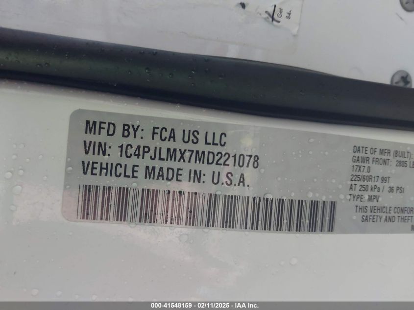 2021 Jeep Cherokee Latitude Lux Fwd VIN: 1C4PJLMX7MD221078 Lot: 41548159