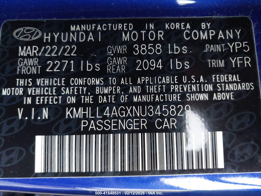 2022 HYUNDAI ELANTRA VIN: KMHLL4AGXNU345829