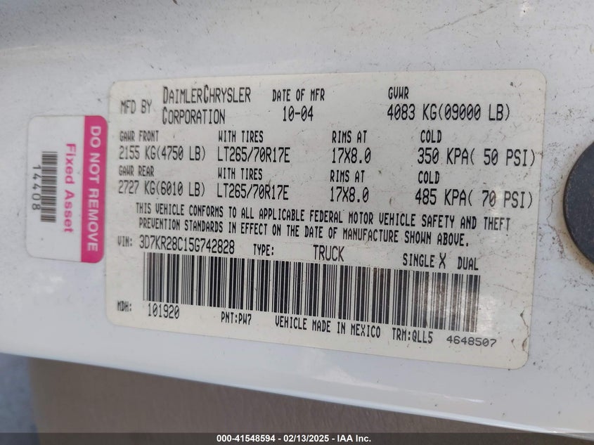 2005 Dodge Ram 2500 Slt/Laramie VIN: 3D7KR28C15G742828 Lot: 41548594