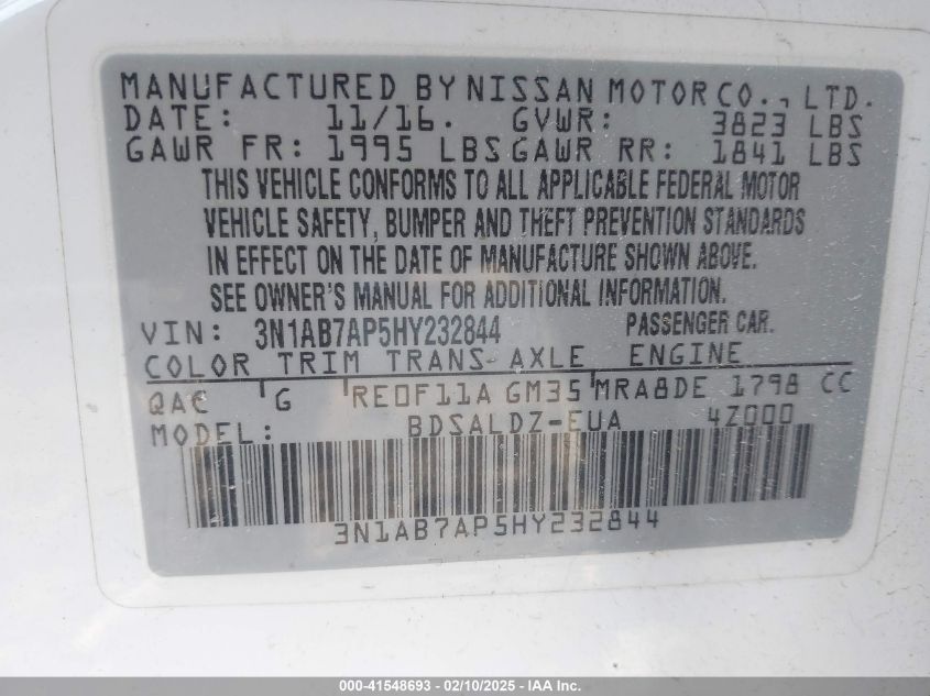 2017 Nissan Sentra Sv VIN: 3N1AB7AP5HY232844 Lot: 41548693