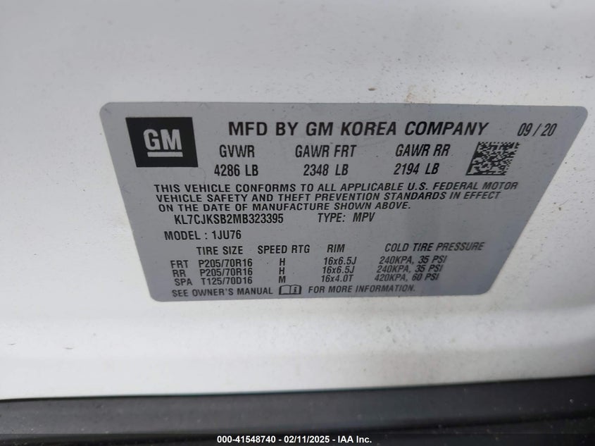 2021 CHEVROLET TRAX(VIN: KL7CJKSB2MB323395