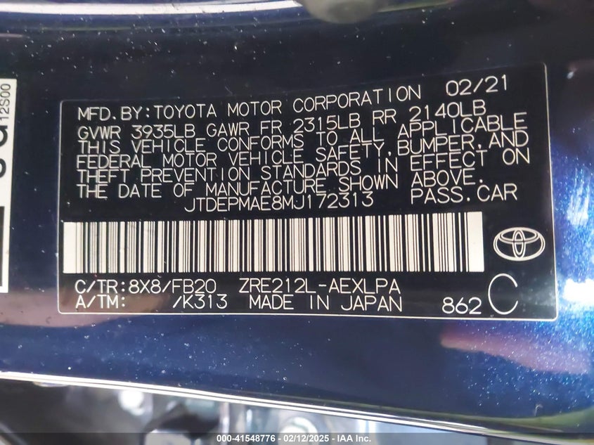 2021 TOYOTA COROLLA LE - JTDEPMAE8MJ172313