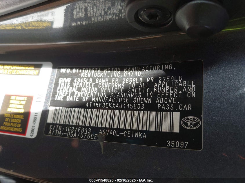 2010 TOYOTA CAMRY VIN: 4T1BF3EKXAU115603