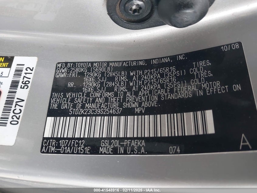 2009 Toyota Sienna Le VIN: 5TDZK23C39S254637 Lot: 41548916