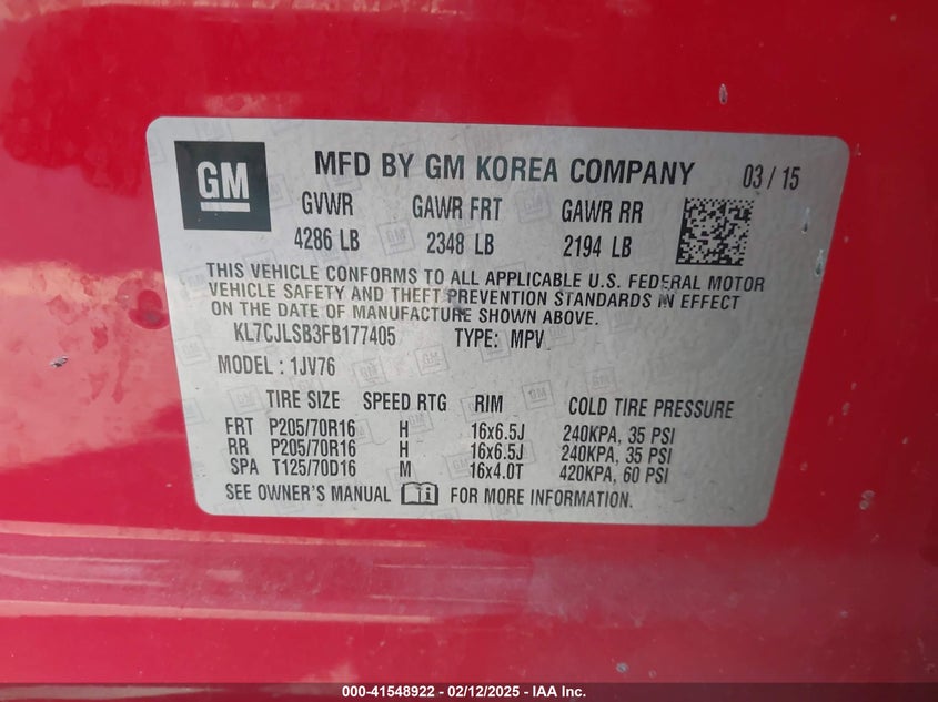 2015 CHEVROLET TRAX LT - KL7CJLSB3FB177405