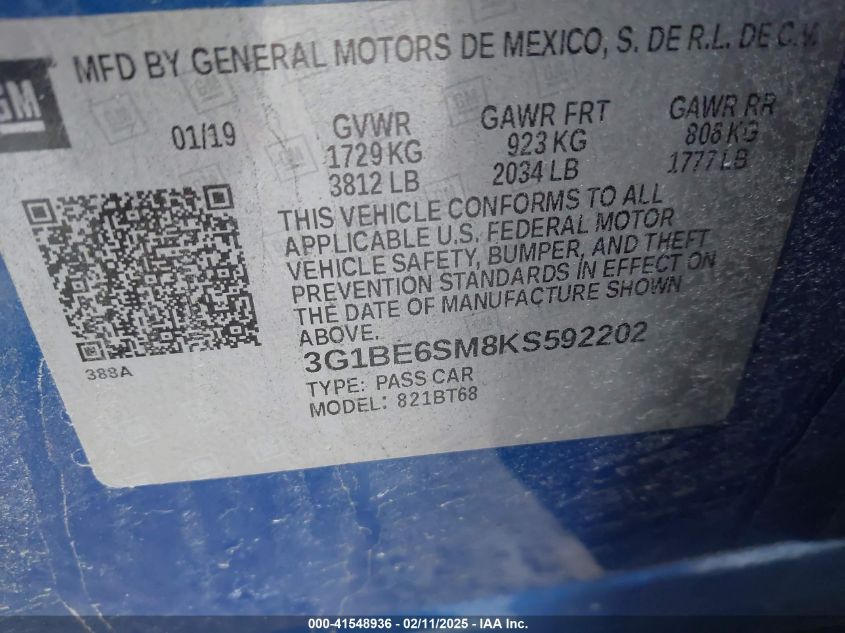 2019 Chevrolet Cruze Lt VIN: 3G1BE6SM8KS592202 Lot: 41548936