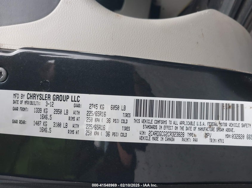 2012 Dodge Grand Caravan Sxt VIN: 2C4RDGCG2CR323828 Lot: 41548969