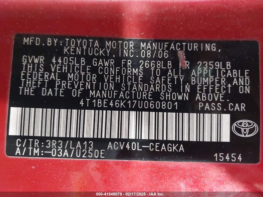 2007 Toyota Camry Ce/Le/Se/Xle VIN: 4T1BE46K174060801 Lot: 41549079