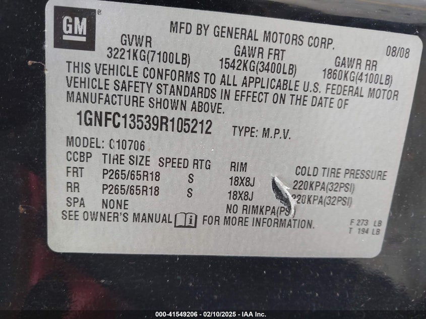 2009 CHEVROLET TAHOE HYBRID VIN: 1GNFC13539R105212