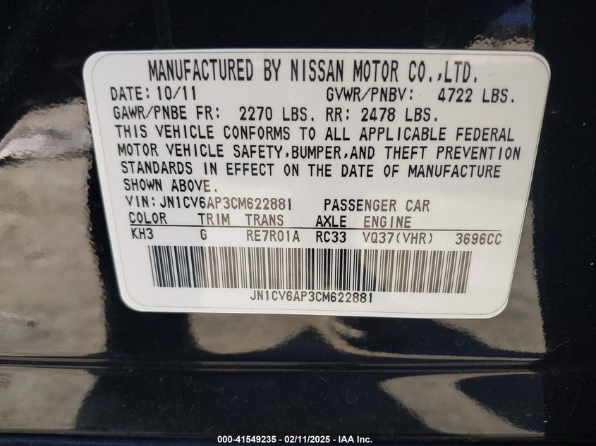 2012 INFINITI G37 VIN: JN1CV6AP3CM622881