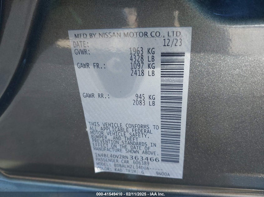 2024 NISSAN ALTIMA VIN: 1N4BL4DV2RN363466