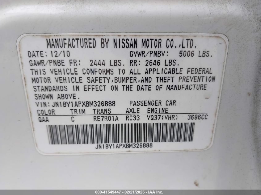 2011 Infiniti M37 VIN: JN1BY1ATXBM326888 Lot: 41549447