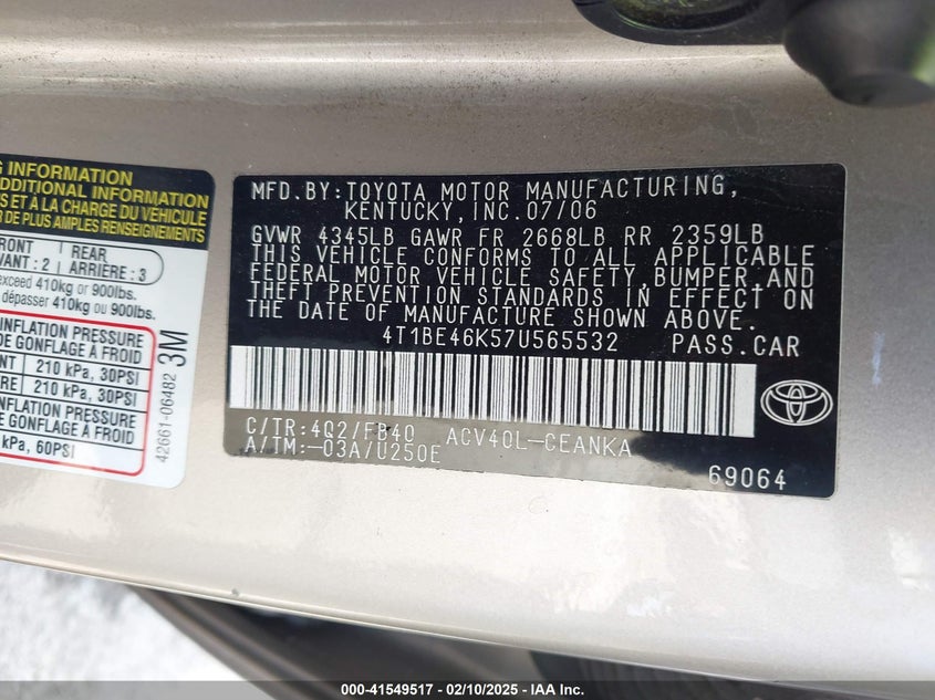 2007 TOYOTA CAMRY VIN: 4T1BE46K57U565532