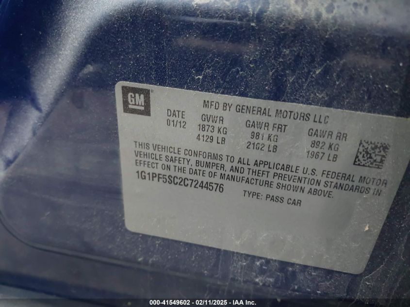 2012 Chevrolet Cruze 1Lt VIN: 1G1PF5SC2C7244576 Lot: 41549602
