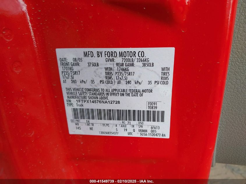2006 Ford F-150 Fx4/Lariat/Xl/Xlt VIN: 1FTPX14576NA12728 Lot: 41549739