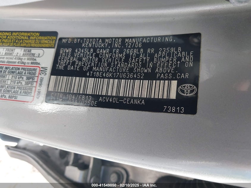 2007 TOYOTA CAMRY VIN: 4T1BE46K17U636452