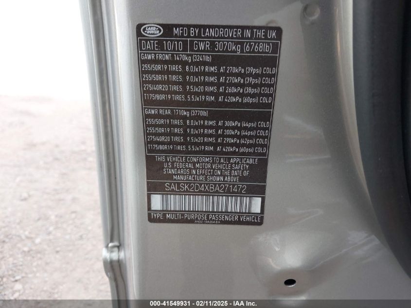 2011 Land Rover Range Rover Sport Hse VIN: SALSK2D4XBA271472 Lot: 41549931