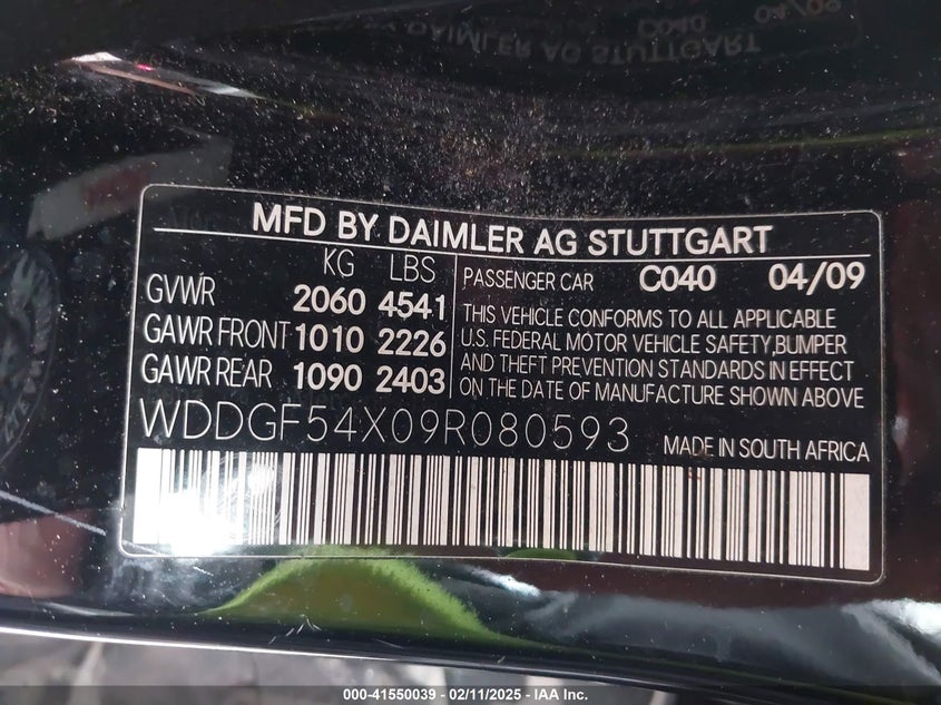 2009 Mercedes-Benz C 300 Luxury/Sport VIN: WDDGF54X09R080593 Lot: 41550039