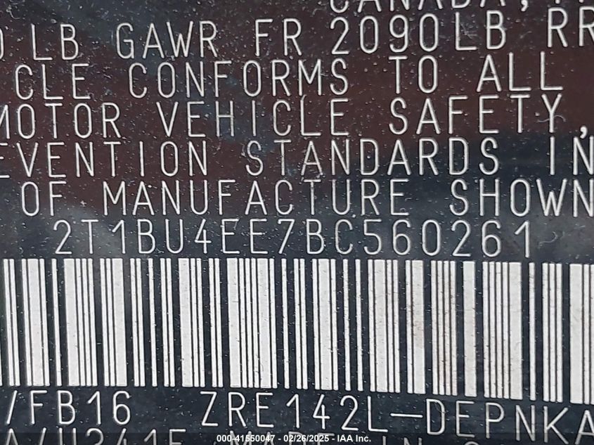 2011 Toyota Corolla Le VIN: 2T1BU4EE7BC560261 Lot: 41550047