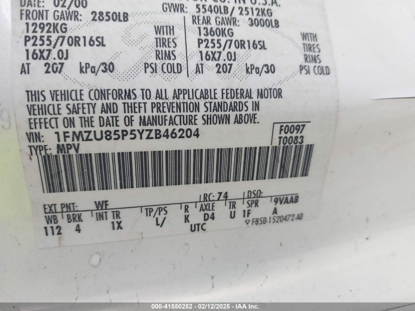 2000 Ford Explorer Limited VIN: 1FMZU85P5YZB46204 Lot: 41550252