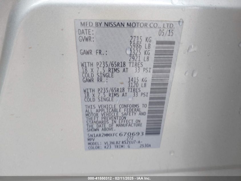 2015 Nissan Pathfinder Platinum/S/Sl/Sv VIN: 5N1AR2MMXFC670693 Lot: 41550312