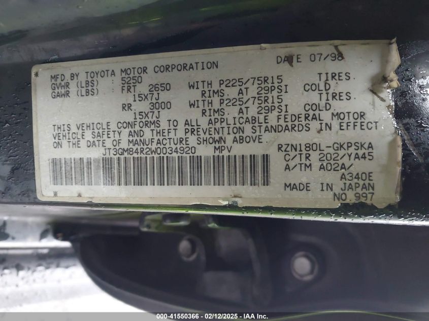 1998 Toyota 4Runner VIN: JT3GM84R2W9934920 Lot: 41550366