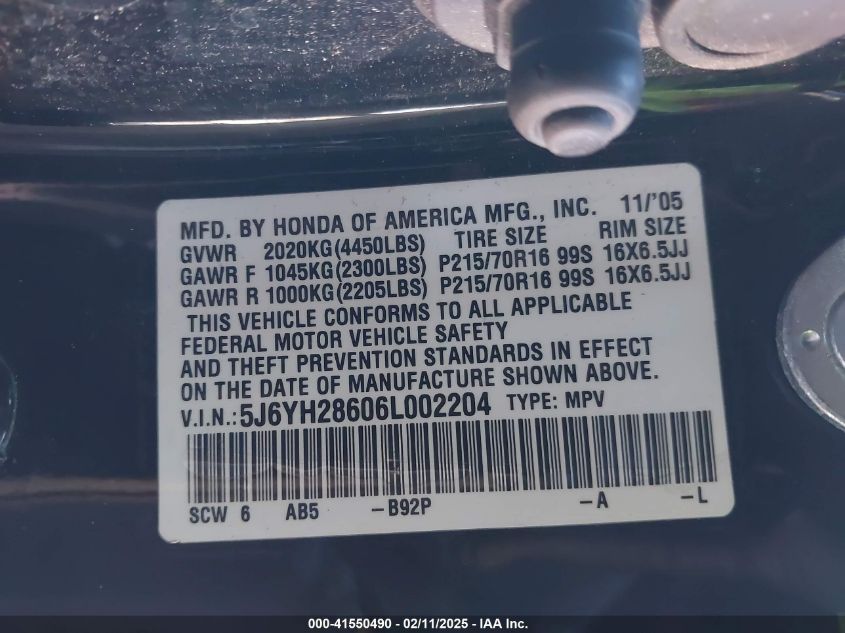 2006 Honda Element Ex VIN: 5J6YH28606L002204 Lot: 41550490