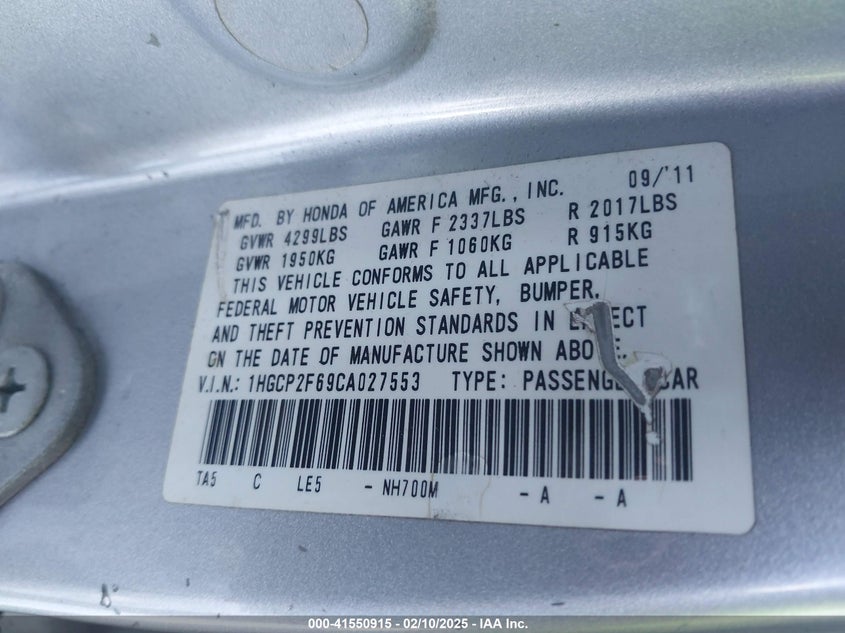 2012 HONDA ACCORD VIN: 1HGCP2F69CA027553