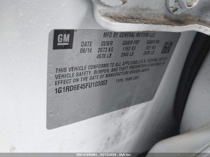 2015 CHEVROLET VOLT VIN: 1G1RD6E45FU103063