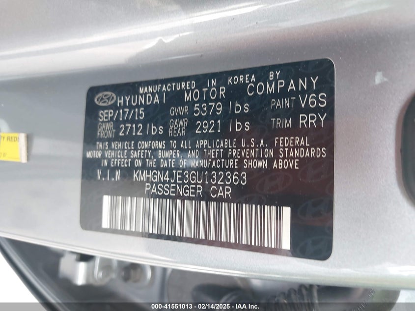 2016 HYUNDAI GENESIS VIN: KMHGN4JE3GU132363