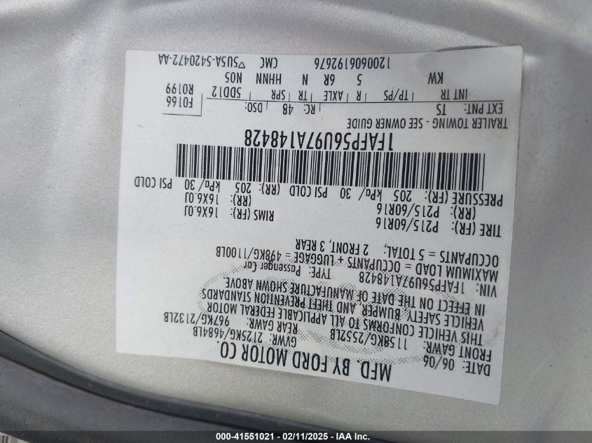 2007 Ford Taurus Sel VIN: 1FAFP56U97A148428 Lot: 41551021