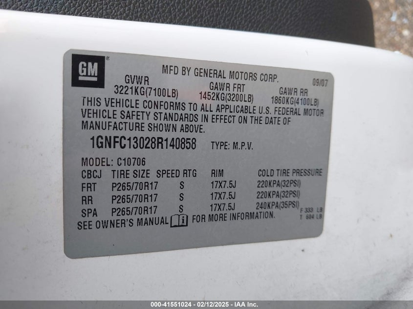 2008 Chevrolet Tahoe Lt VIN: 1GNFC13028R140858 Lot: 41551024