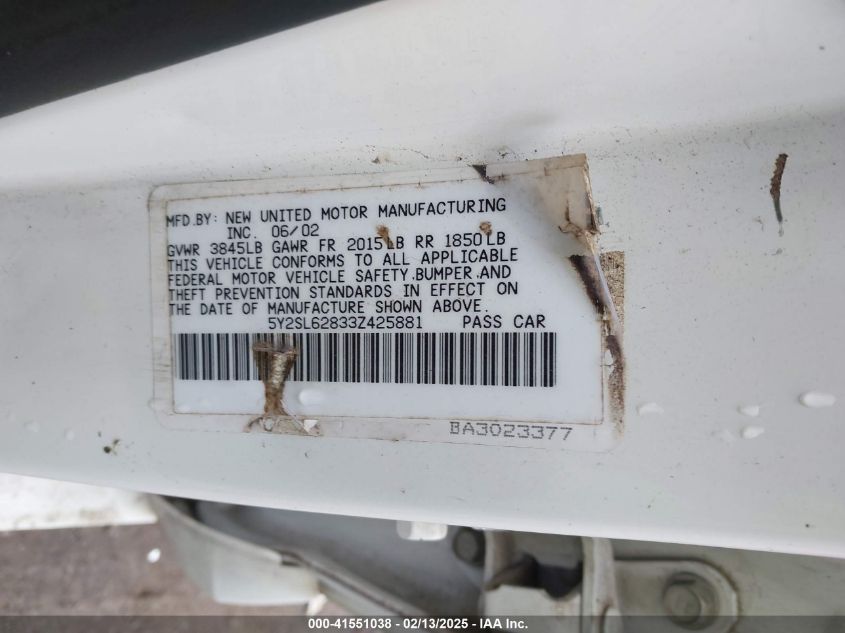 2003 Pontiac Vibe VIN: 5Y2SL62833Z425881 Lot: 41551038