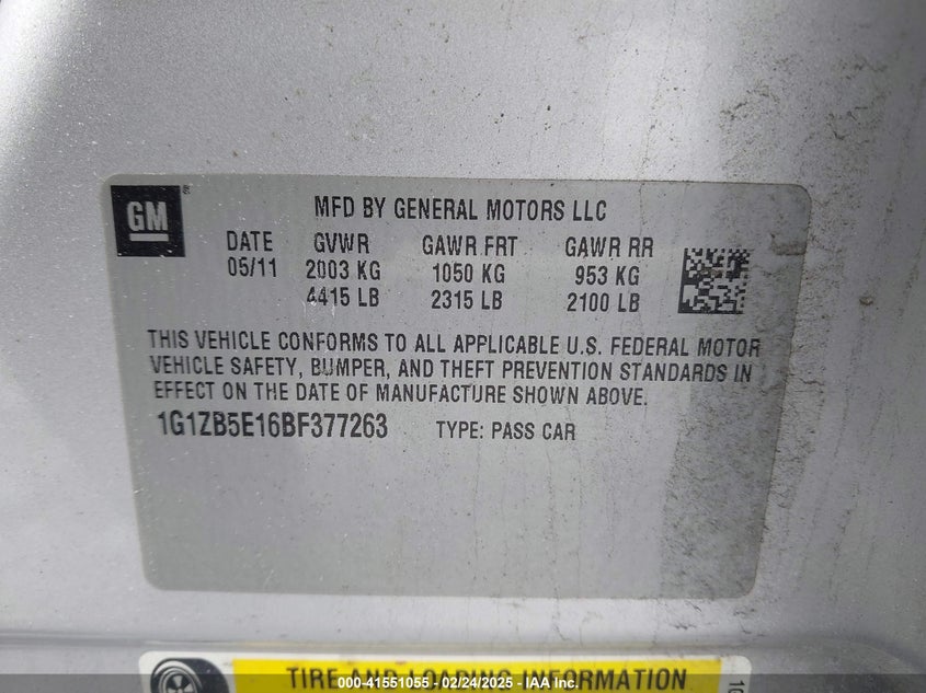 2011 CHEVROLET MALIBU VIN: 1G1ZB5E16BF377263