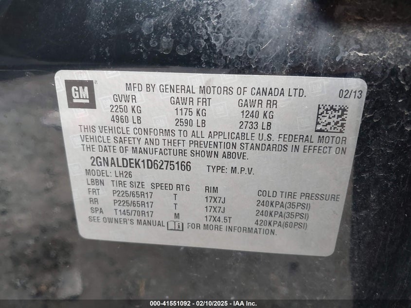 2013 CHEVROLET EQUINOX VIN: 2GNALDEK1D6275166
