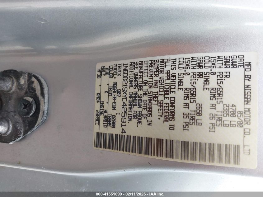 2000 Nissan Frontier Xe VIN: 1N6DD21SXYC425914 Lot: 41551099