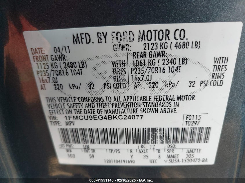 2011 FORD ESCAPE VIN: 1FMCU9EG4BKC24077