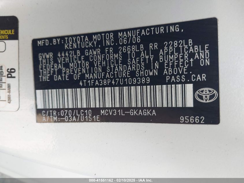 2007 Toyota Camry Solara Sle VIN: 4T1FA38P47U109389 Lot: 41551162