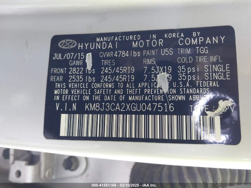 2016 Hyundai Tucson Sport VIN: KM8J3CA2XGU047516 Lot: 41551168