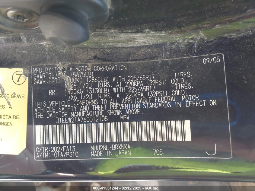 2006 TOYOTA HIGHLANDER HYBRID VIN: JTEEW21A760012108