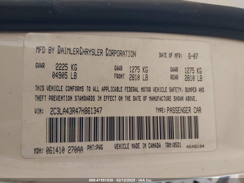 2007 CHRYSLER 300 VIN: 2C3LA43R47H861347