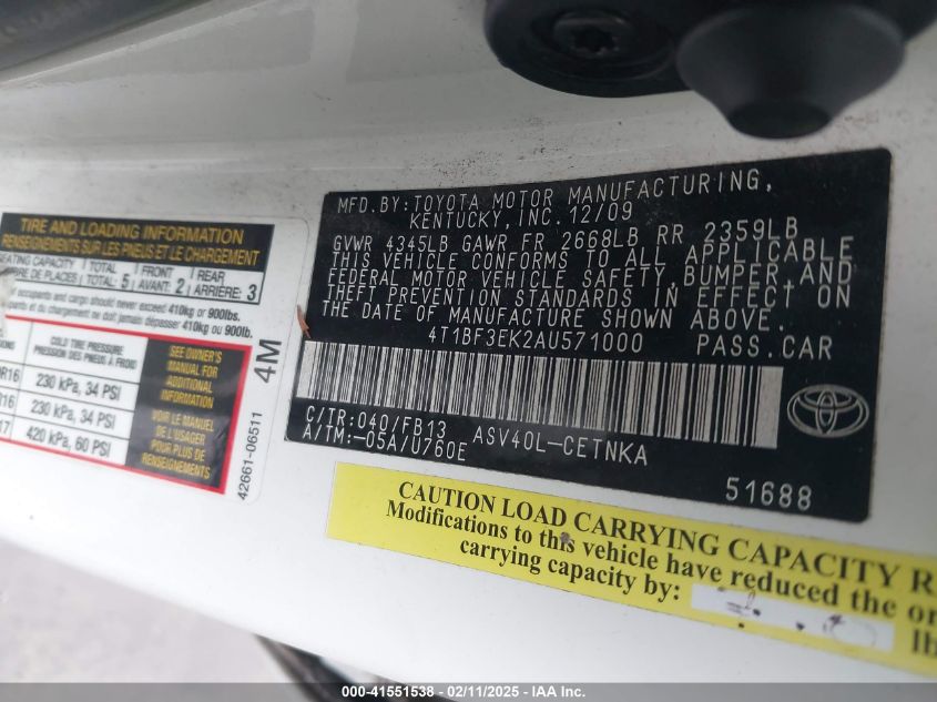 2010 Toyota Camry VIN: 4T1BF3EK2AU571000 Lot: 41551538