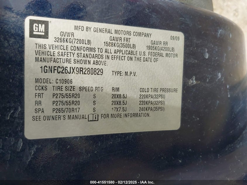 2009 CHEVROLET SUBURBAN 1500 VIN: 1GNFC26JX9R280829