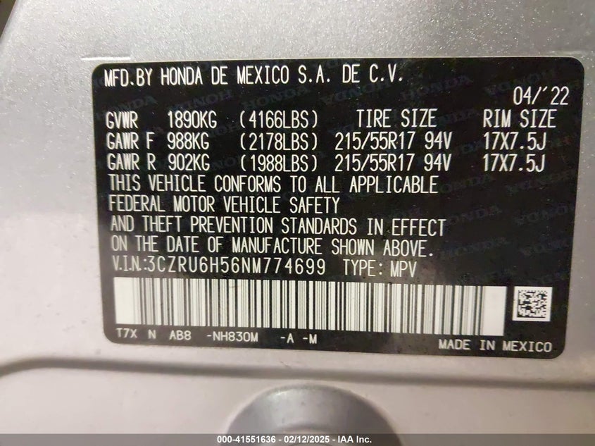 2022 HONDA HR-V VIN: 3CZRU6H56NM774699
