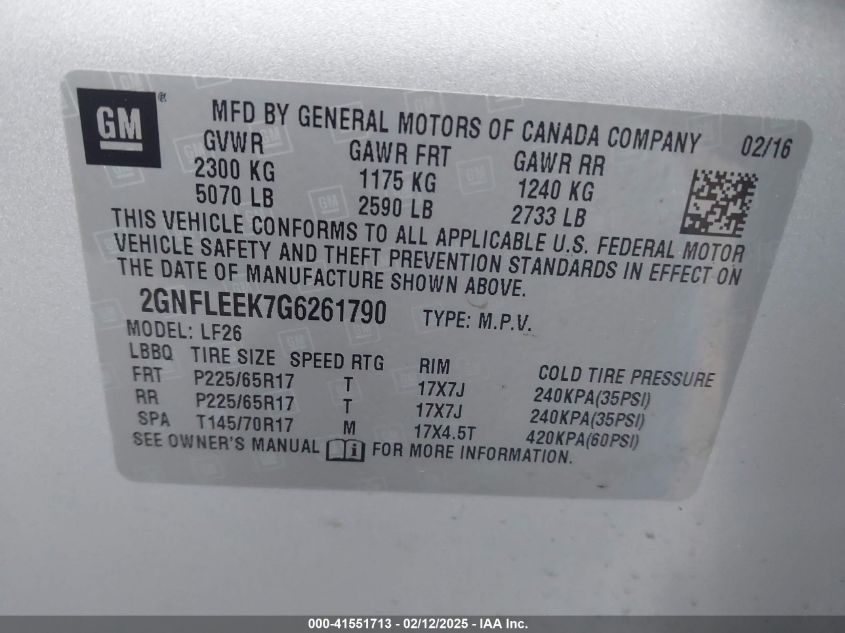 2016 Chevrolet Equinox Ls VIN: 2GNFLEEK7G6261790 Lot: 41551713